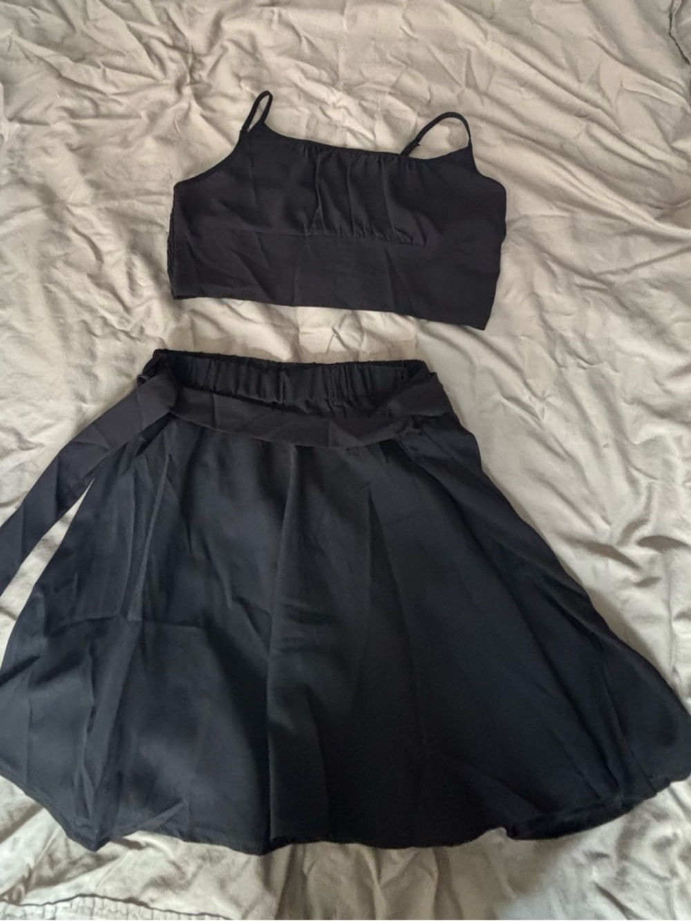 Matching Black Set: Skater Skirt with Waist Tie & Matching Crop Top